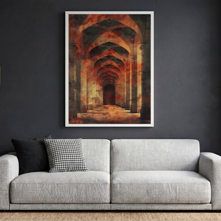 Wadi Home framed wall art print featuring a perspective-rich architectural hallway in burnt orange and charcoal tones.