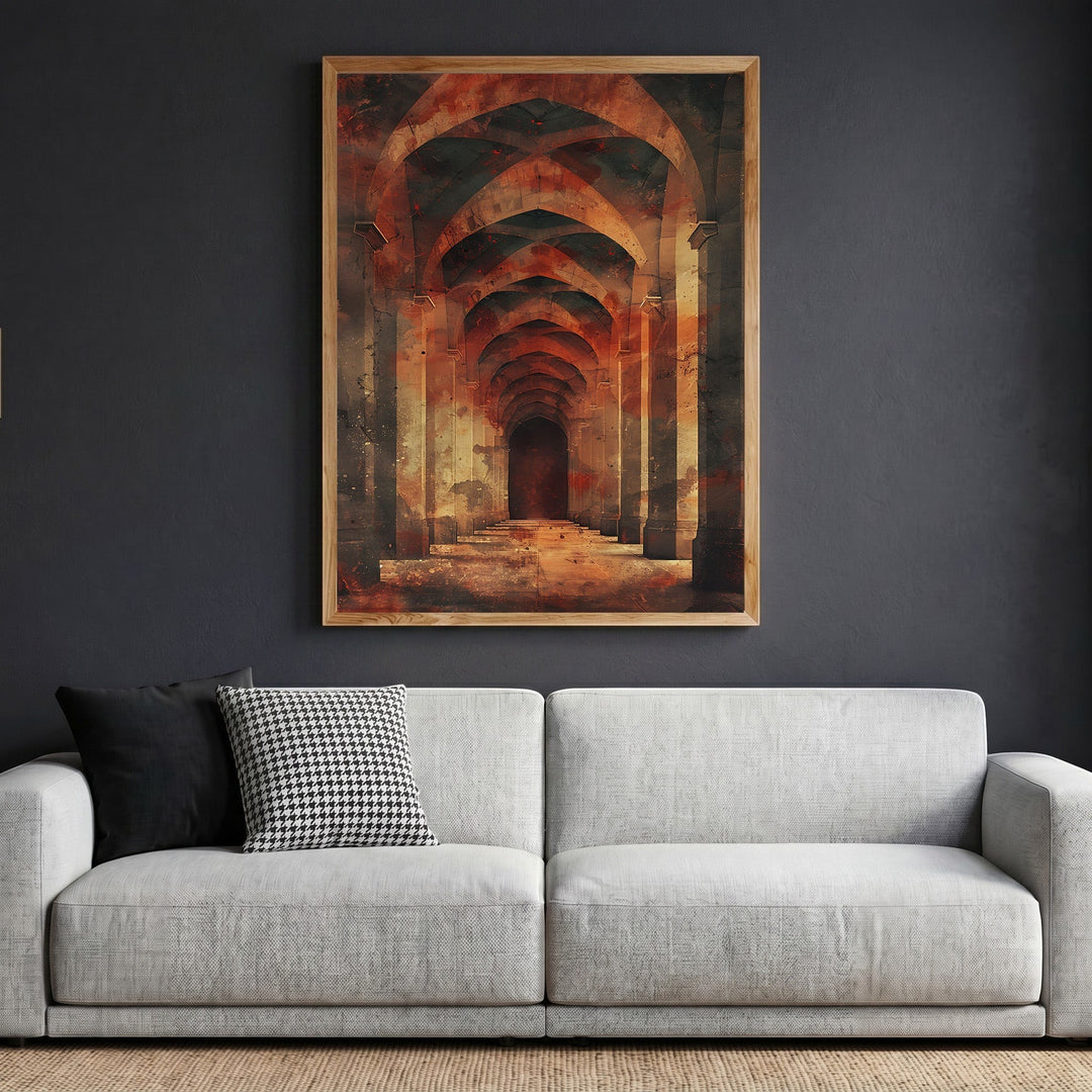 Wadi Home framed wall art print featuring a dramatic architectural hallway in burnt orange and charcoal tones.