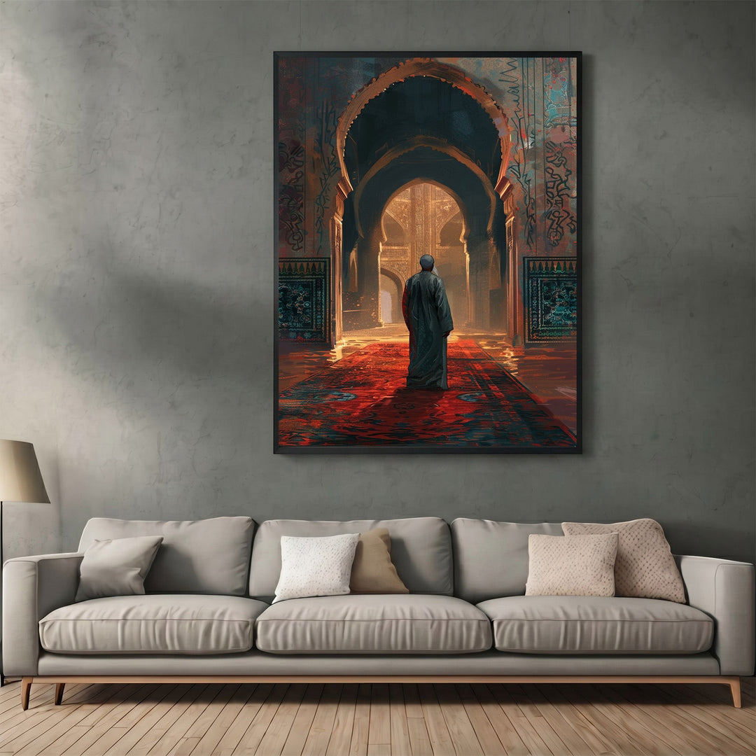 Wadi Home traditional architectural wall art print featuring a figure in an arched corridor with warm red tones.