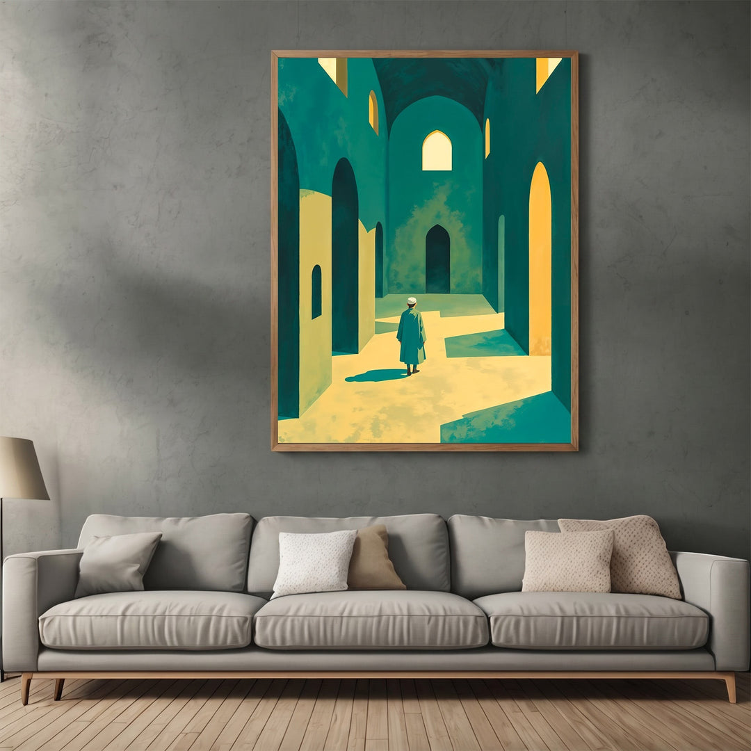 Wadi Home architectural wall art print featuring a figure in arched corridors with teal and ochre tones in a living room