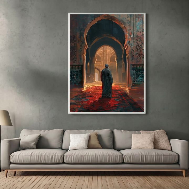 Wadi Home traditional architectural wall art print featuring a figure in an arched corridor with warm red tones.