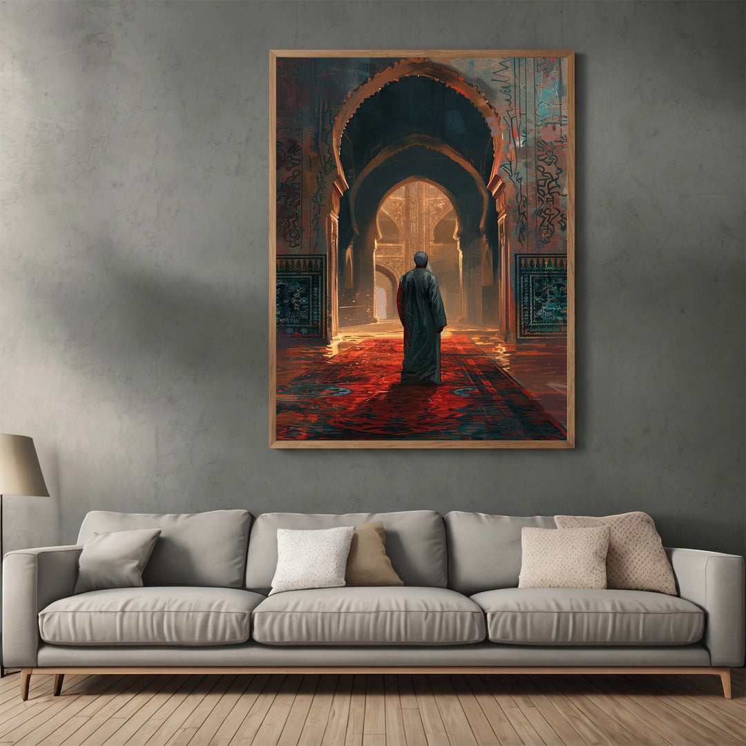 Wadi Home traditional architectural wall art print featuring a figure in an arched corridor with warm red and gold tones.