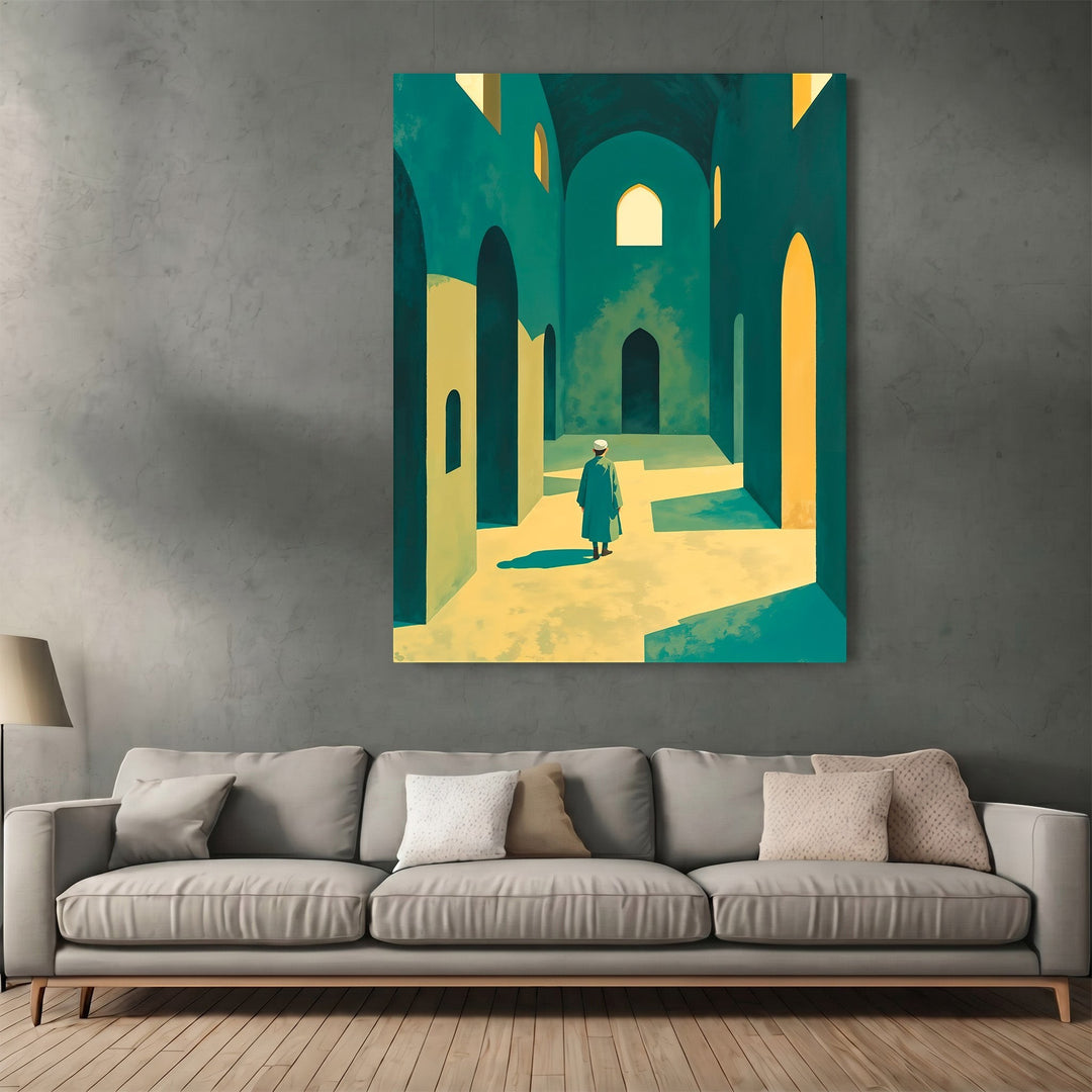 Wadi Home architectural wall art print featuring a figure in arched corridors with teal and ochre tones above a sofa.