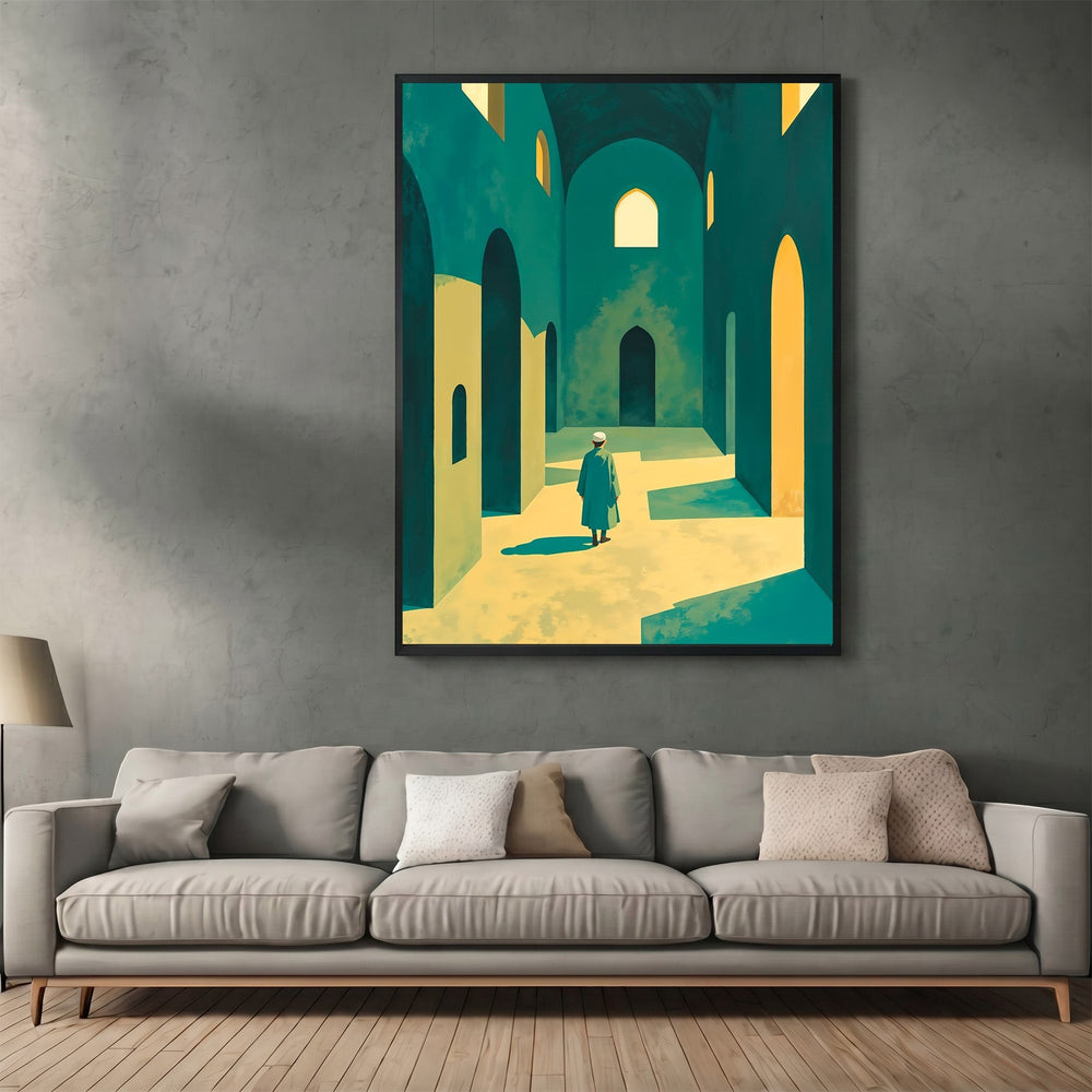 Wadi Home architectural wall art print featuring a figure in arched corridors with teal and ochre tones in a living room
