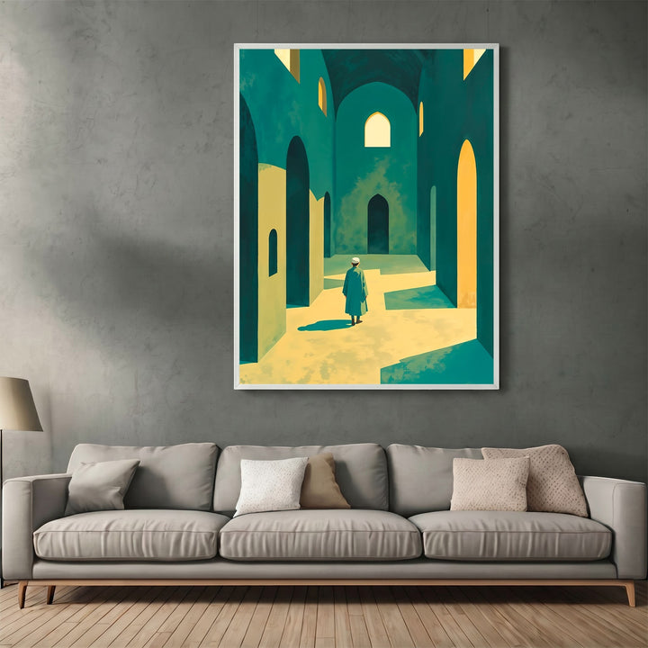 Wadi Home architectural wall art print featuring a figure in arched corridors with teal and ochre tones in a room.