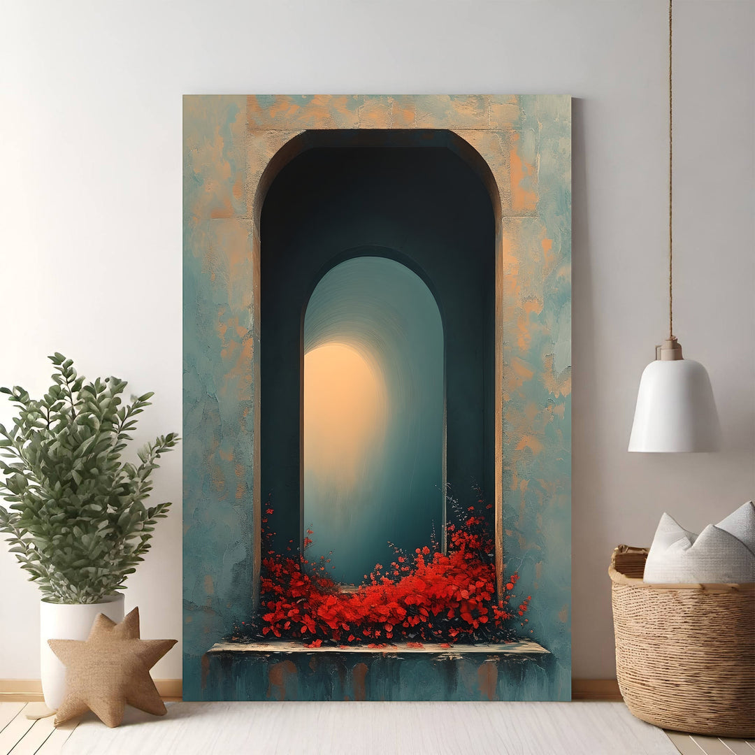 Wadi Home Archway with blooming red flowers wall art, textured teal and gold frame, Mediterranean style.