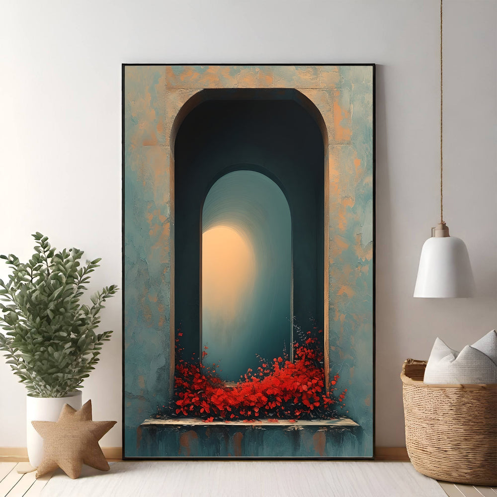 Wadi Home Archway with vibrant red flowers and muted Mediterranean-inspired textured finish.