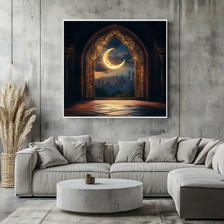 Wadi Home decorative archway wall art print featuring a golden crescent moon and cityscape above a modern grey sofa.