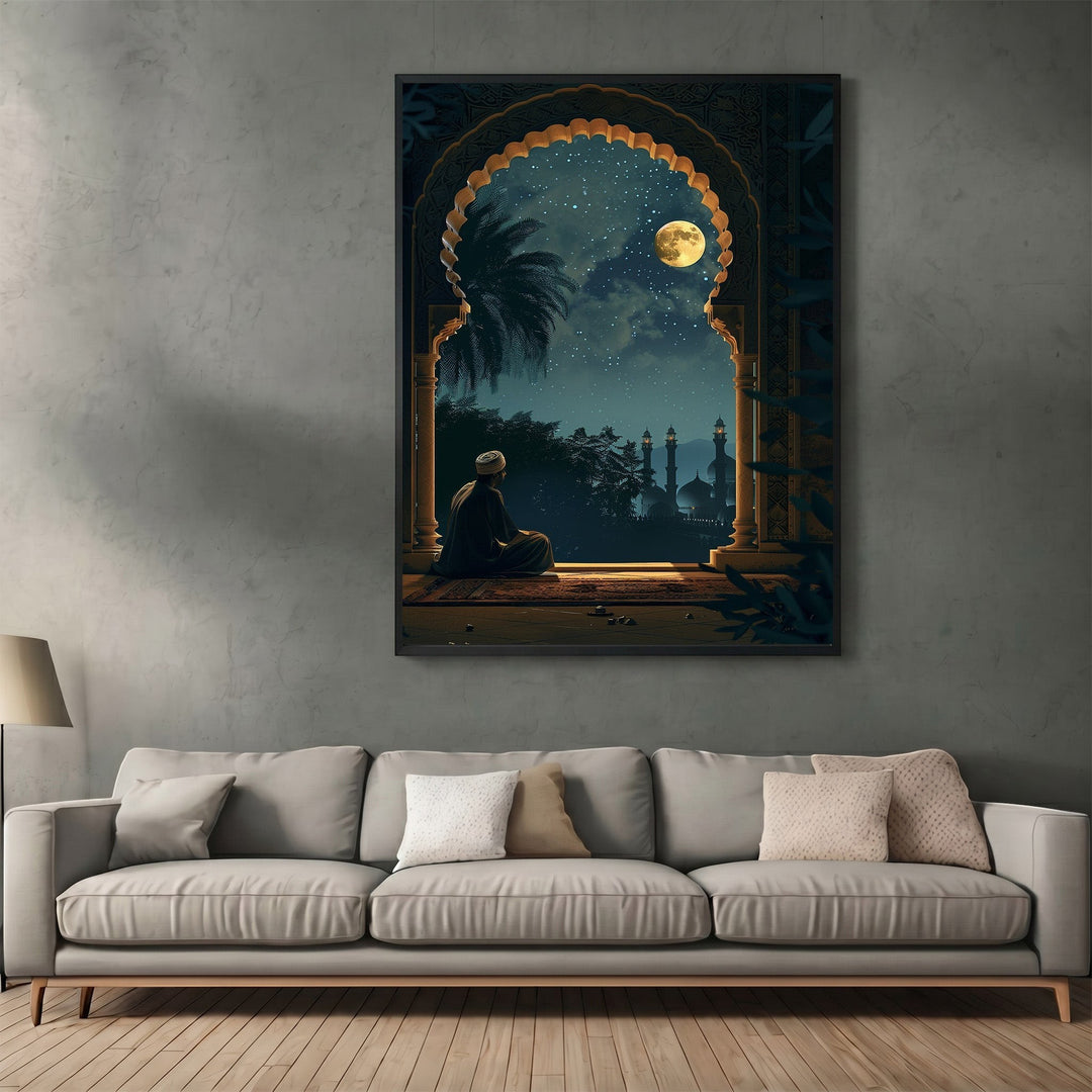 Wadi Home traditional archway night scene wall art print featuring a moonlit landscape above a grey sofa.