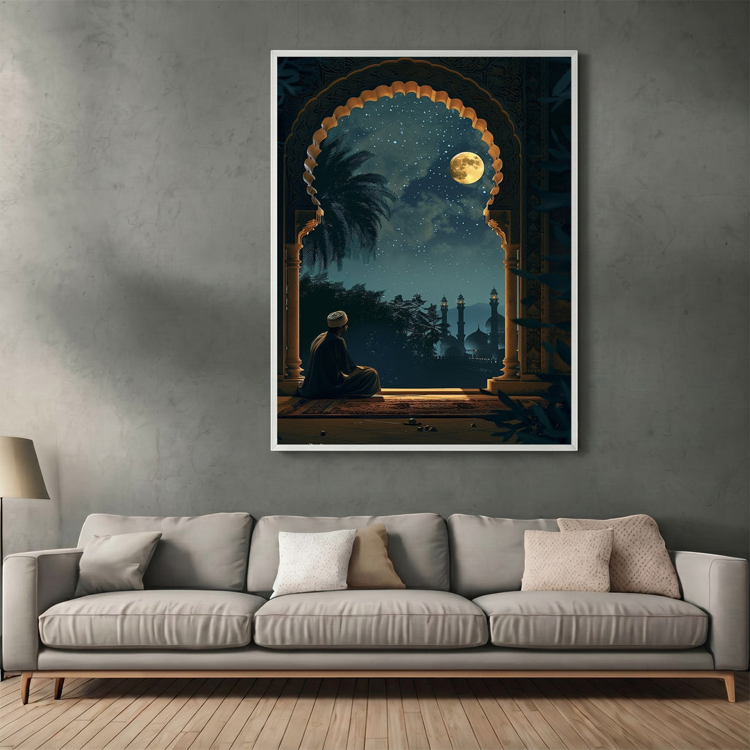 Wadi Home traditional archway night scene wall art print featuring a moonlit landscape and a contemplative figure.