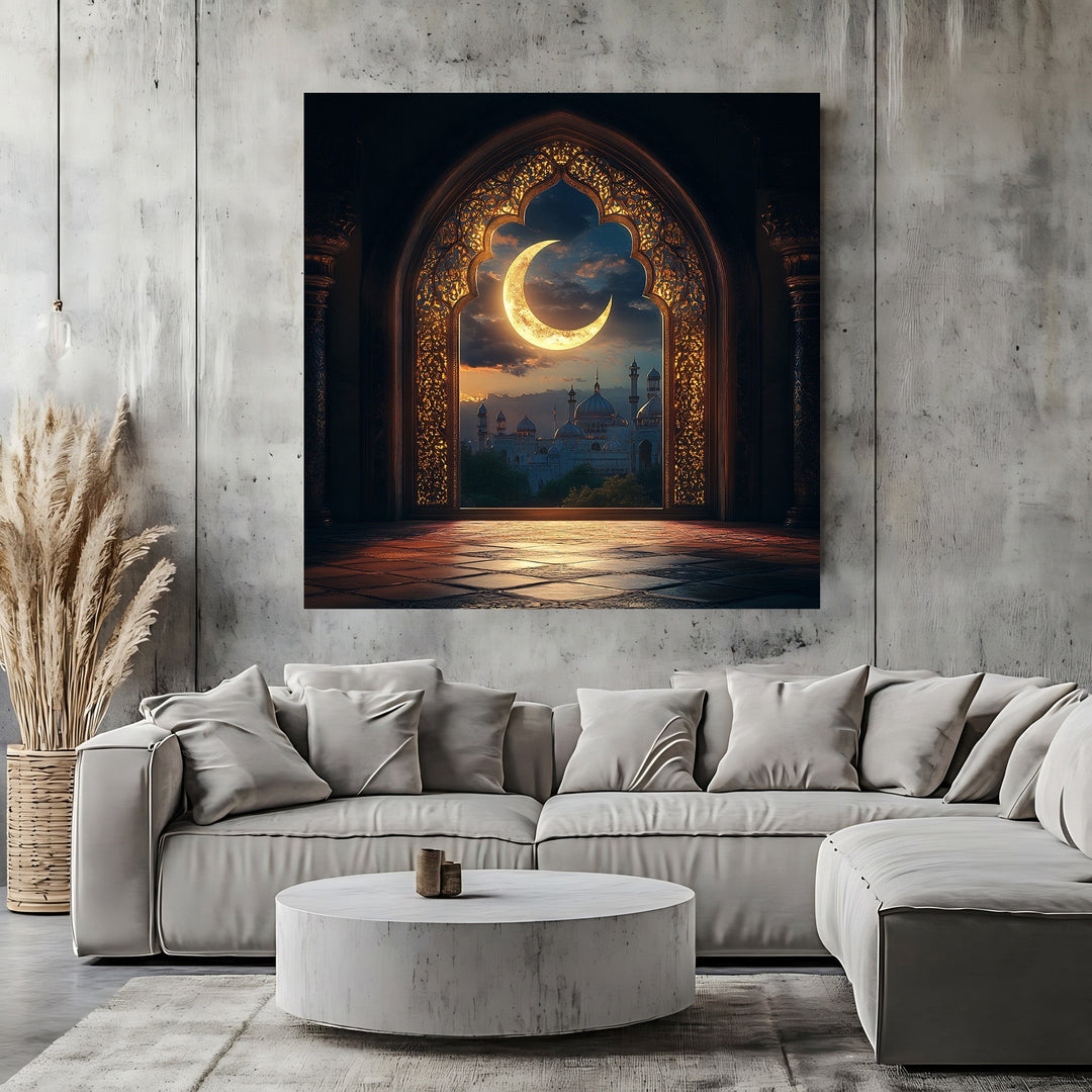 Wadi Home decorative archway wall art print featuring a golden crescent moon over a cityscape in a modern living room