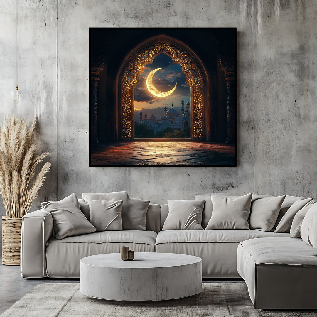 Wadi Home decorative archway wall art print featuring a golden crescent moon and cityscape above a modern grey sofa.