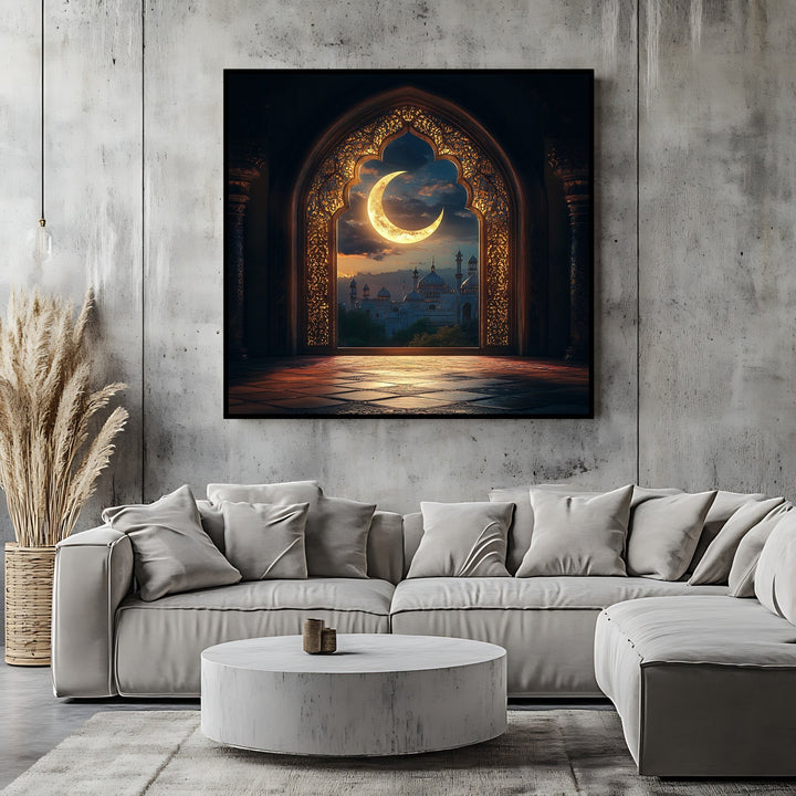 Wadi Home decorative archway wall art print featuring a golden crescent moon and cityscape above a modern grey sofa.