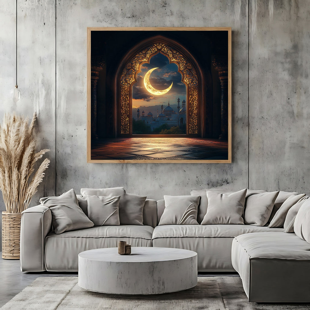 Wadi Home decorative archway wall art print featuring a golden crescent moon and cityscape in a modern living room.