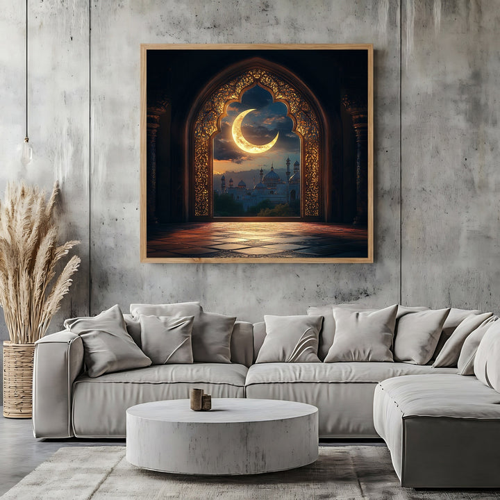 Wadi Home decorative archway wall art print featuring a golden crescent moon and cityscape in a modern living room.