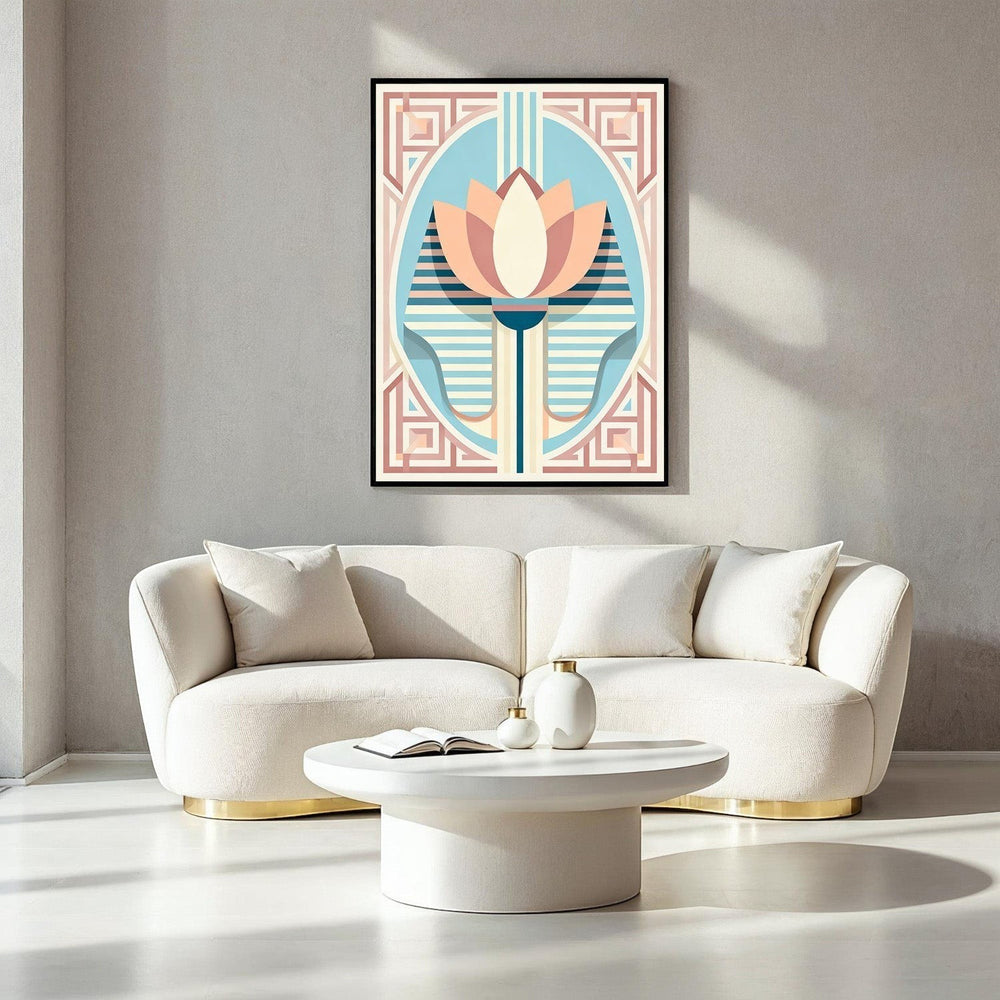 Wadi Home Art Deco lotus flower wall art in peach, cream, blue, and pink geometric patterns.