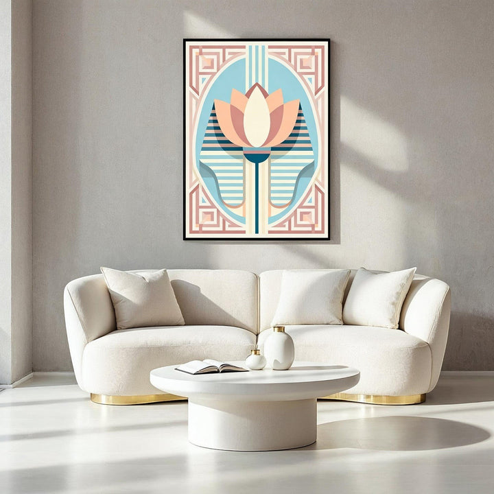 Wadi Home Art Deco lotus flower wall art in peach, cream, blue, and pink geometric patterns.
