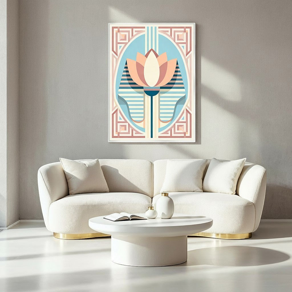 Wadi Home Art Deco Lotus Flower Wall Art in peach, cream, blue, and geometric patterns.