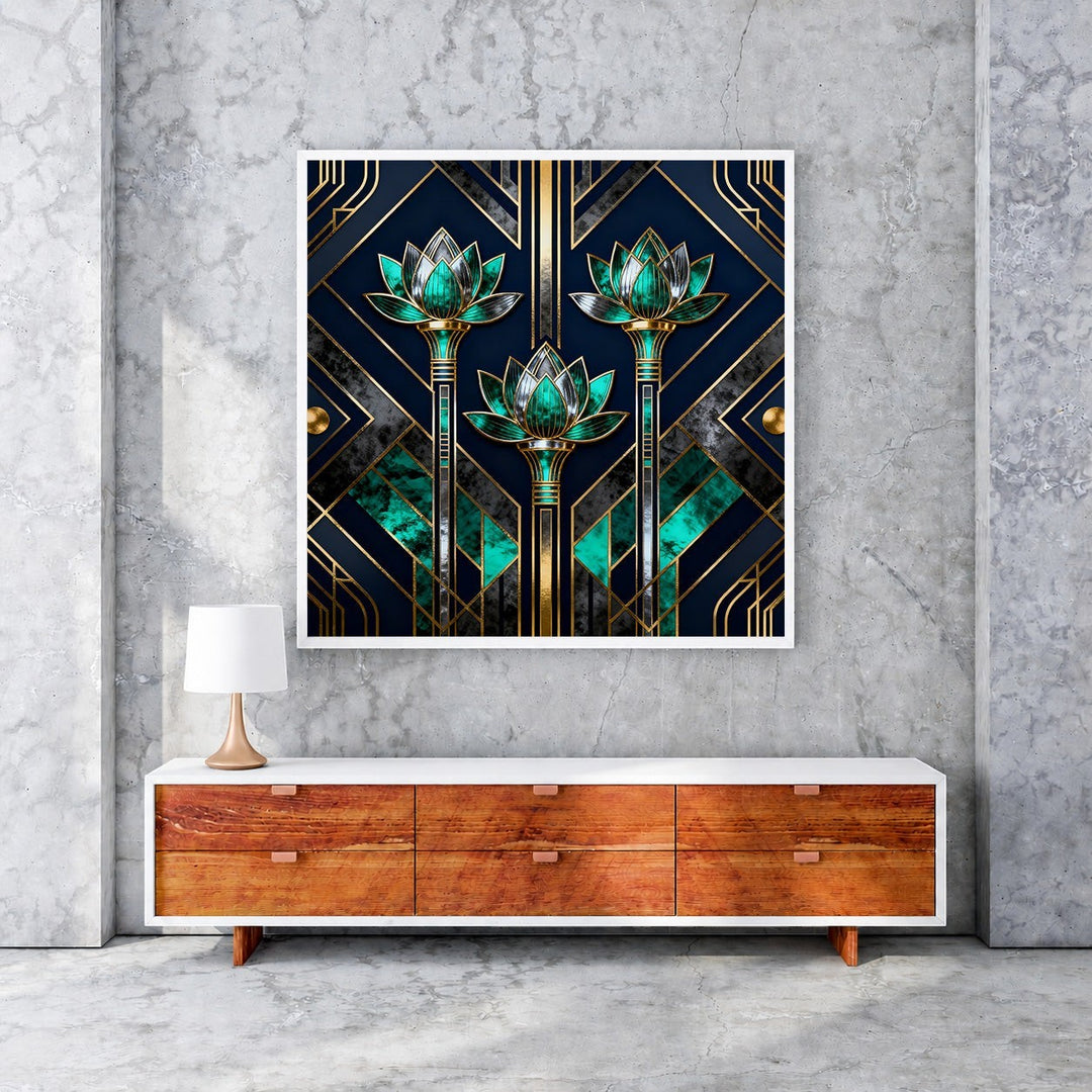 Wadi Home Art Deco Lotus Flower Wall Art with navy, emerald green, and gold accents. Geometric patterns and stylized lotus blooms.