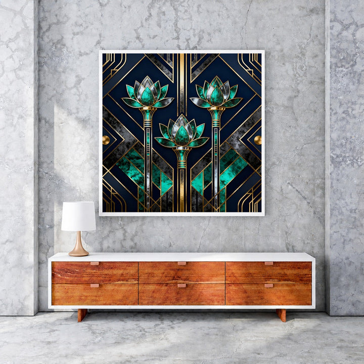 Wadi Home Art Deco Lotus Flower Wall Art with navy, emerald green, and gold accents. Geometric patterns and stylized lotus blooms.
