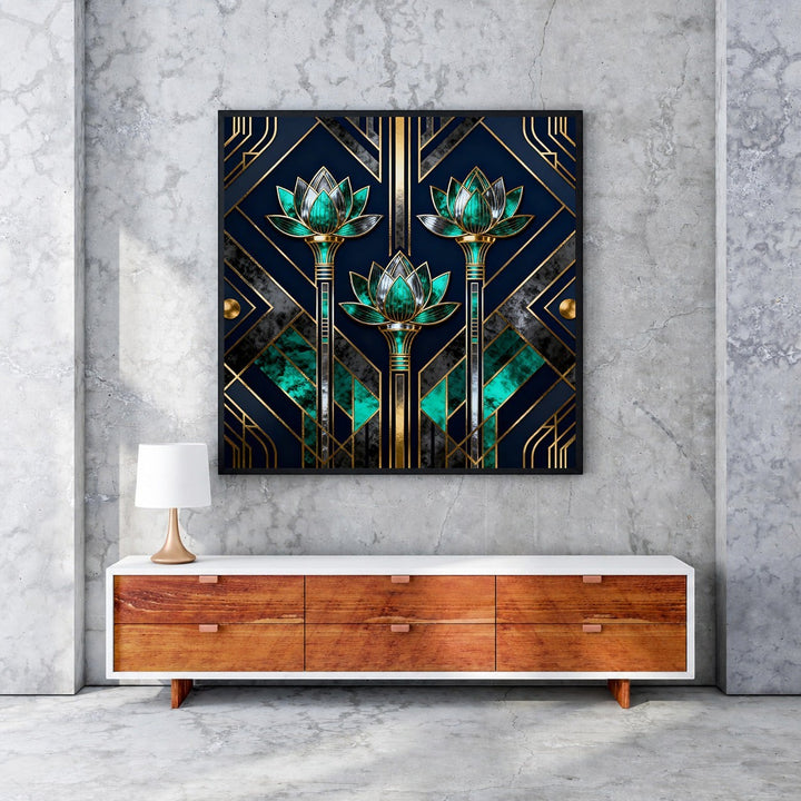 Wadi Home Art Deco Lotus Flower Wall Art with navy, emerald green, and gold accents. Geometric patterns and stylized lotus blooms.