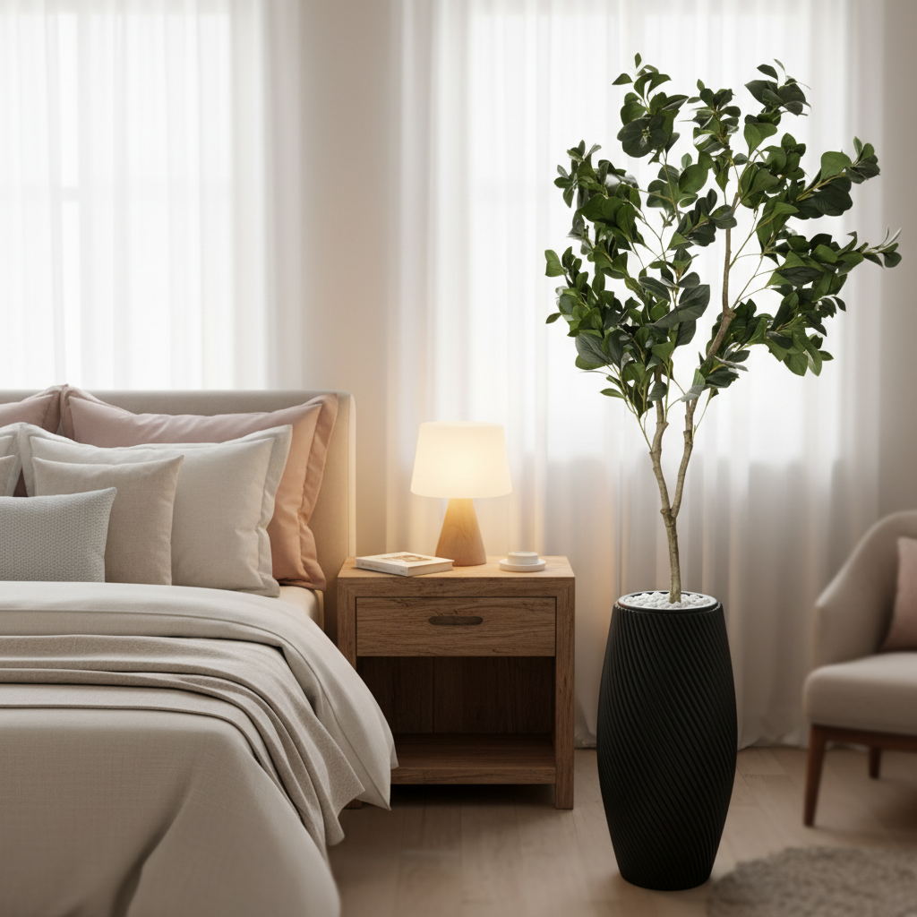 Wadi Home artificial Aralia tree with lush green leaves in a modern black textured spiral planter beside a bedroom bed