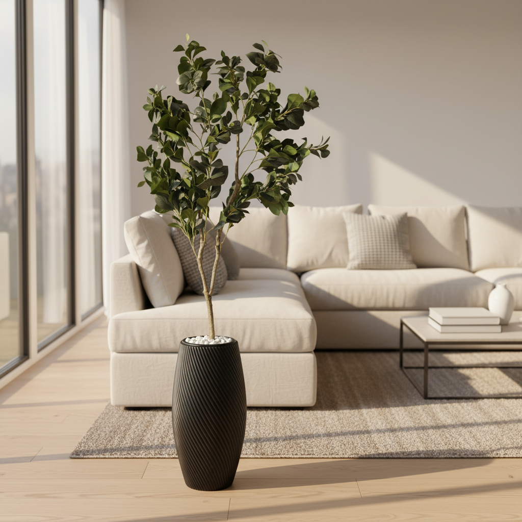 Wadi Home artificial Aralia tree with deep green leaves in a black textured spiral planter with white stone base.