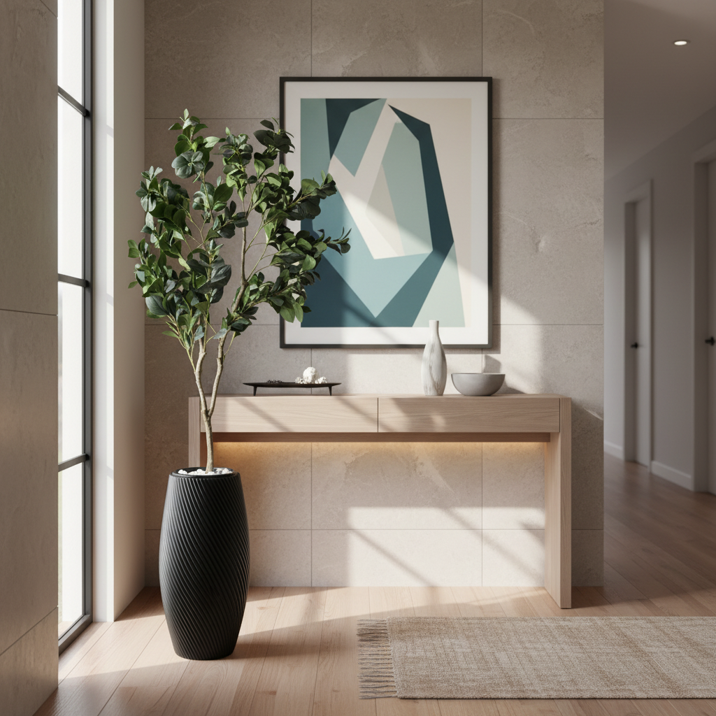 Wadi Home artificial Aralia tree with lush green leaves in a modern black textured spiral planter in a bright room.