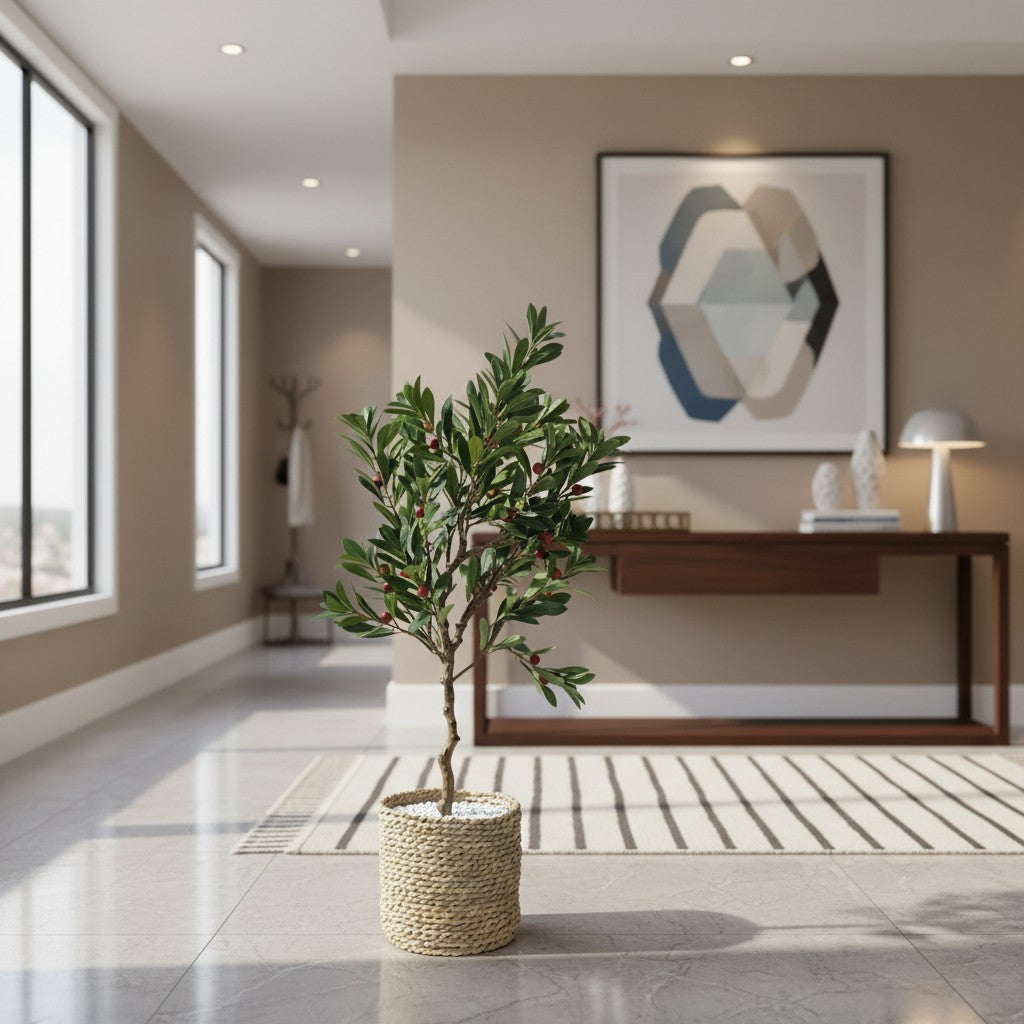 Wadi Home artificial bayberry tree with green leaves and red berries in a textured woven basket in a modern living room