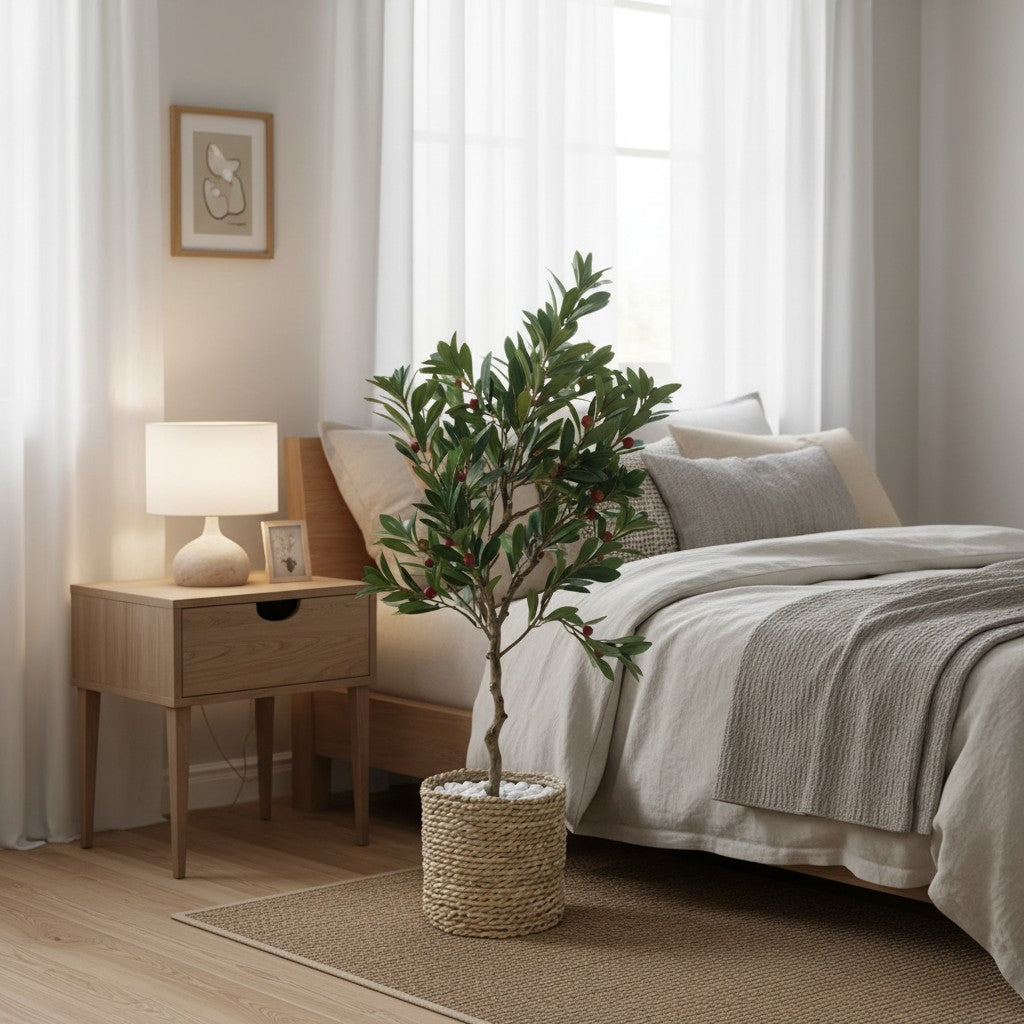 Wadi Home artificial bayberry tree with green leaves and red berries in a woven basket, placed in a cozy bedroom.