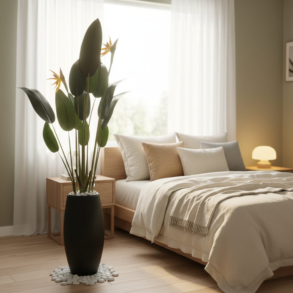Wadi Home artificial Bird of Paradise plant with orange blooms in a textured black spiral planter in a cozy bedroom