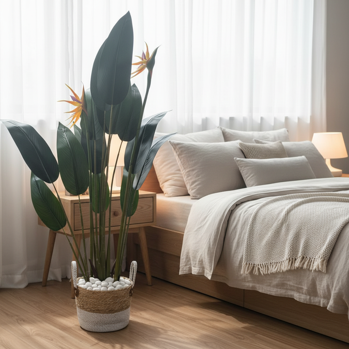 Wadi Home artificial Bird of Paradise plant with orange blooms in a two-tone woven basket beside a modern bedroom bed