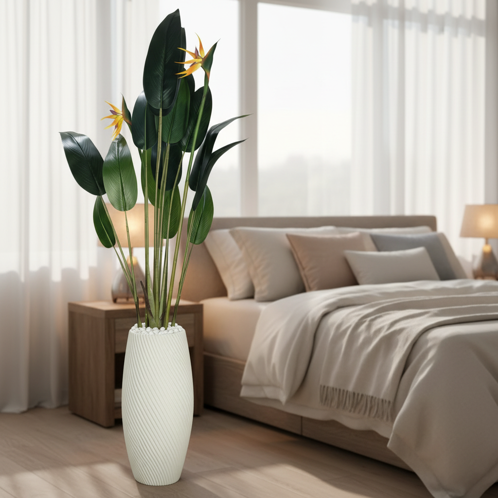 Wadi Home artificial Bird of Paradise plant with green leaves and orange blooms in a textured white floor vase