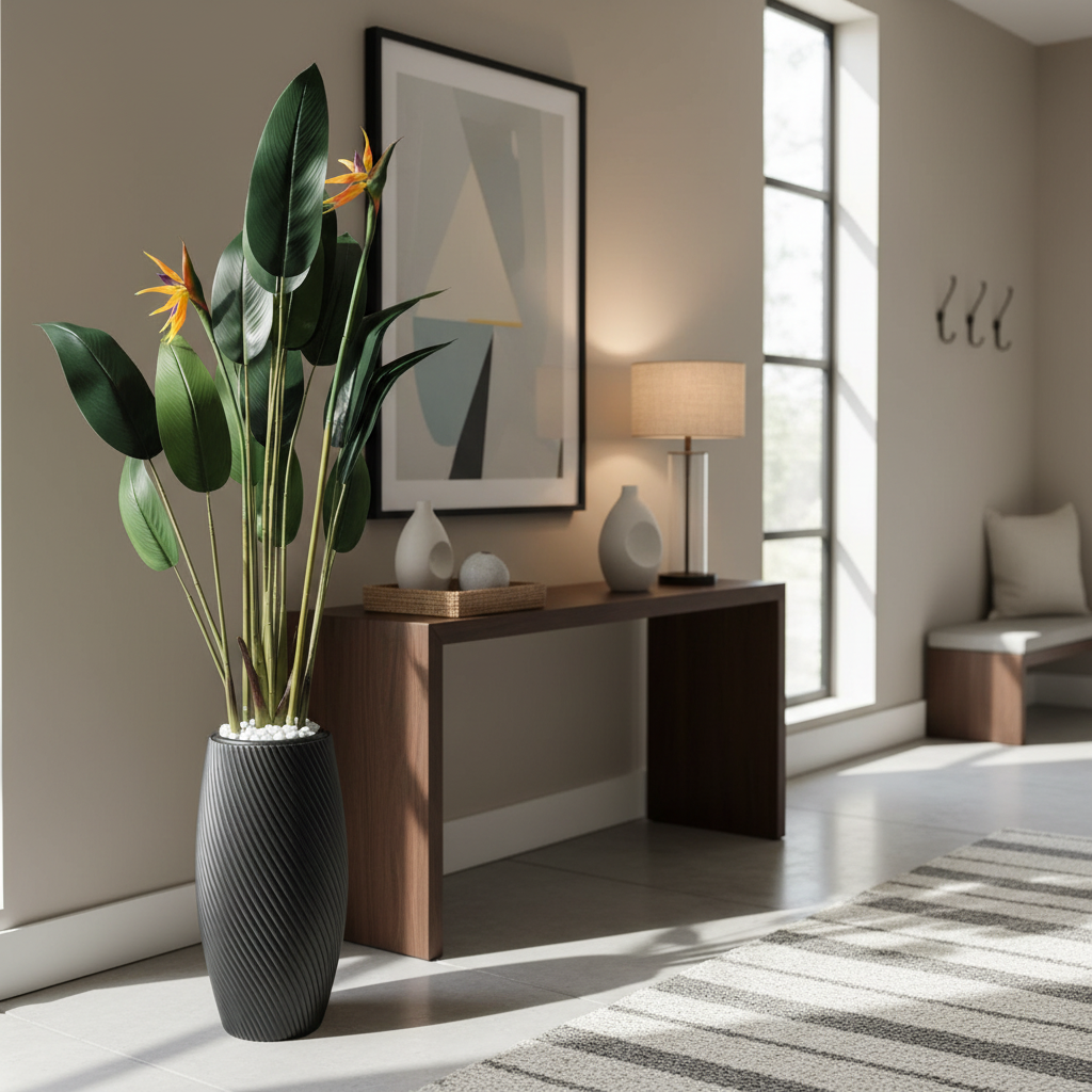 Wadi Home artificial Bird of Paradise plant with vibrant green leaves and orange blooms in a textured black floor planter