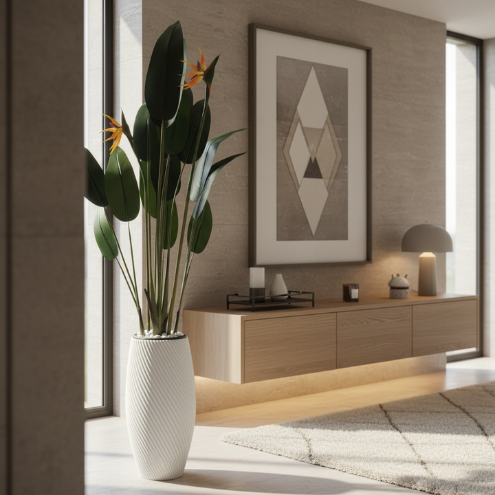 Wadi Home artificial Bird of Paradise plant with vibrant orange blooms in a textured white swirling floor vase.