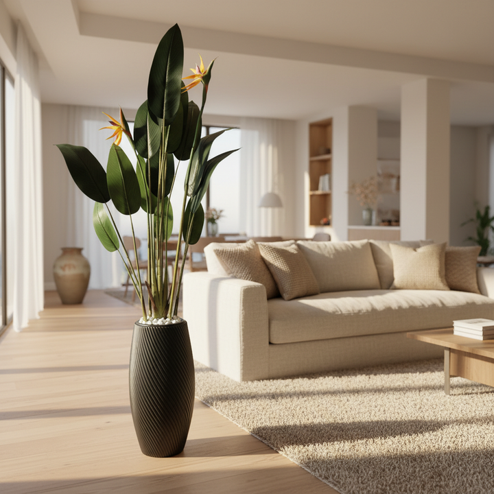 Wadi Home artificial Bird of Paradise plant with orange blooms in a textured black spiral planter in a bright living room