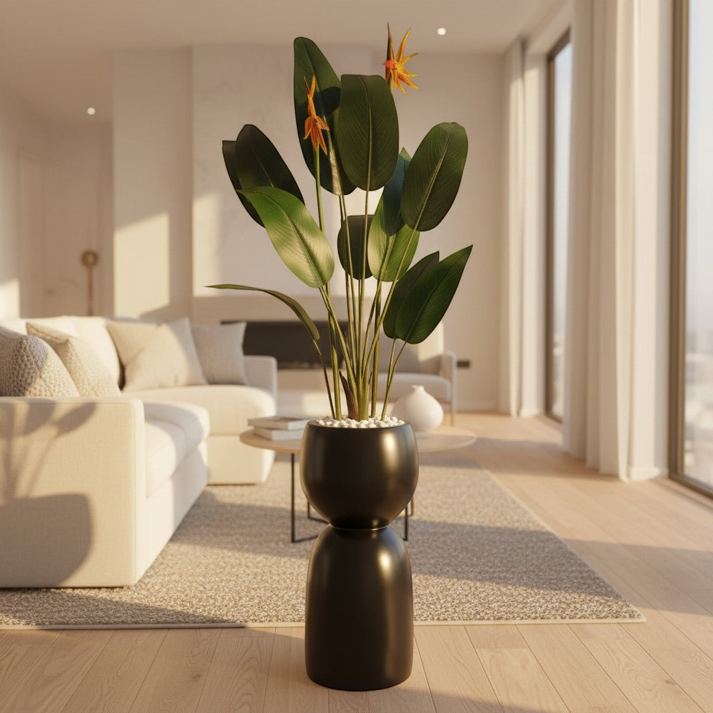 Wadi Home artificial Bird of Paradise plant with orange blooms in a modern black sculptural floor planter with stones.