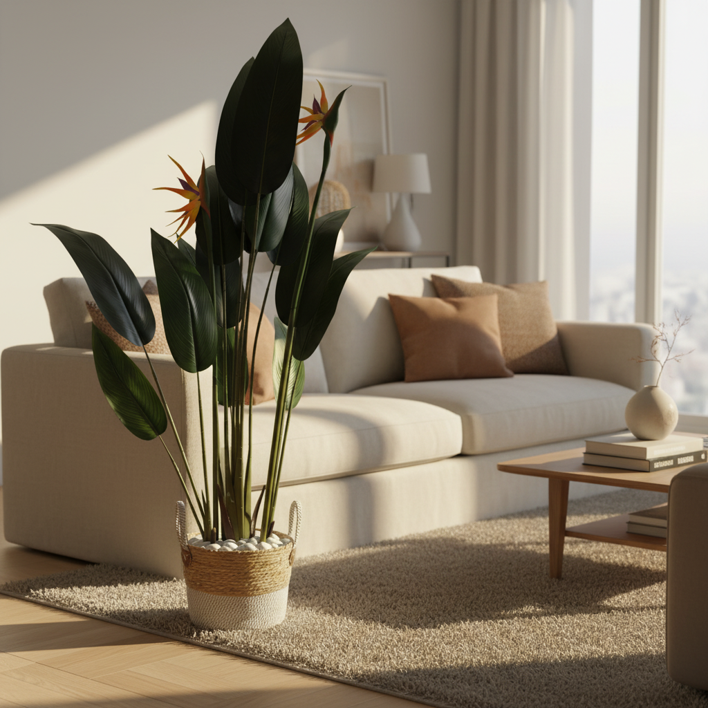 Wadi Home artificial Bird of Paradise plant with lush green leaves and orange blooms in a two-tone woven basket.