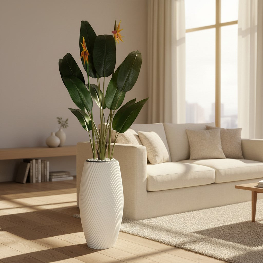 Wadi Home artificial Bird of Paradise plant with vibrant orange blooms in a white spiral textured floor planter.