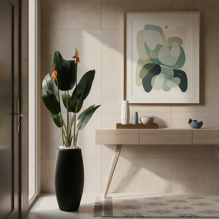 Wadi Home artificial Bird of Paradise plant with orange blooms in a black textured spiral floor planter in a room.