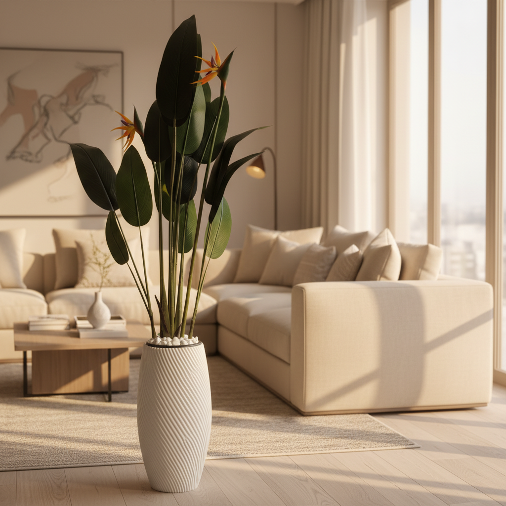 Wadi Home artificial Bird of Paradise plant with orange blooms in a textured white floor vase in a bright living room