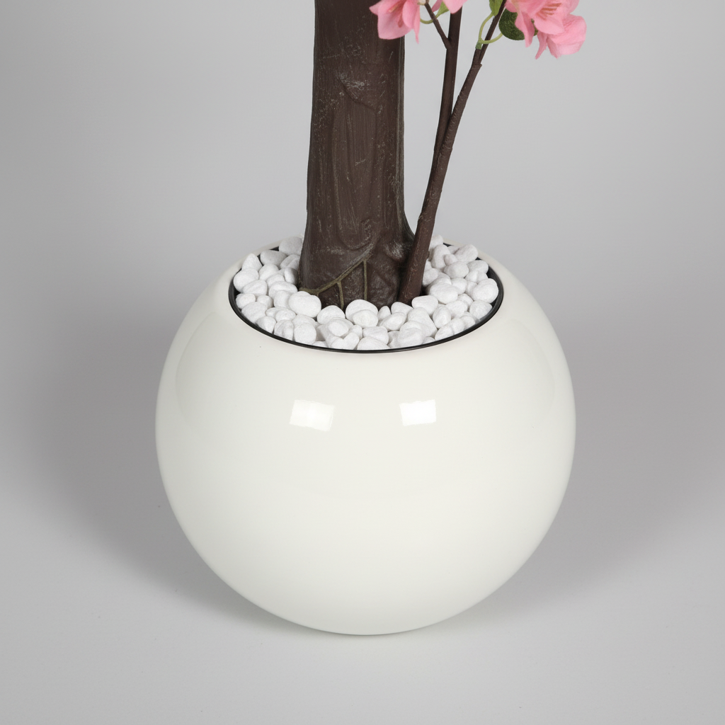 Wadi Home artificial pink blossom tree in a modern white spherical pot with decorative white pebbles at the base