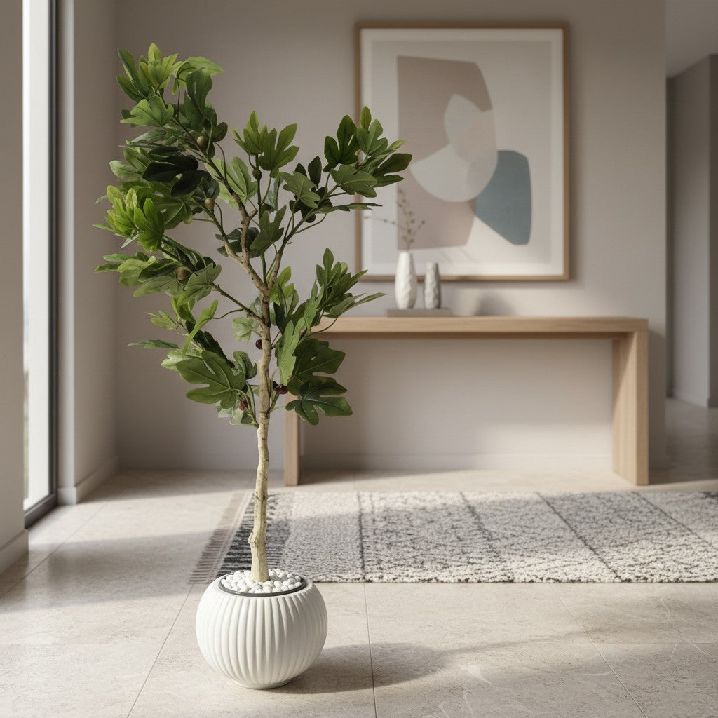 Wadi Home artificial cypress tree with green foliage in a ribbed white pot with decorative pebbles in a modern room.