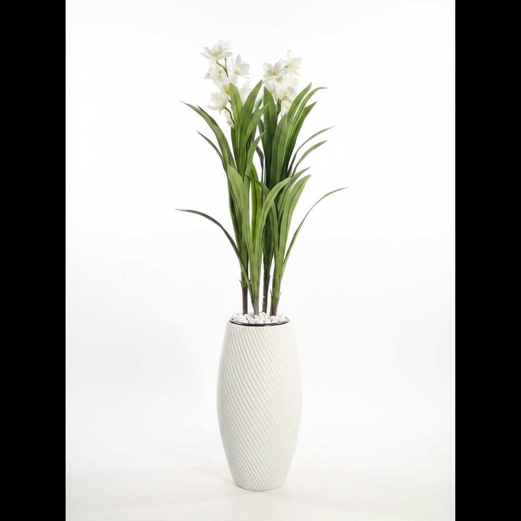 Wadi Home artificial dracaena plant with white flowers in a textured white spiral-ribbed floor vase with stone base