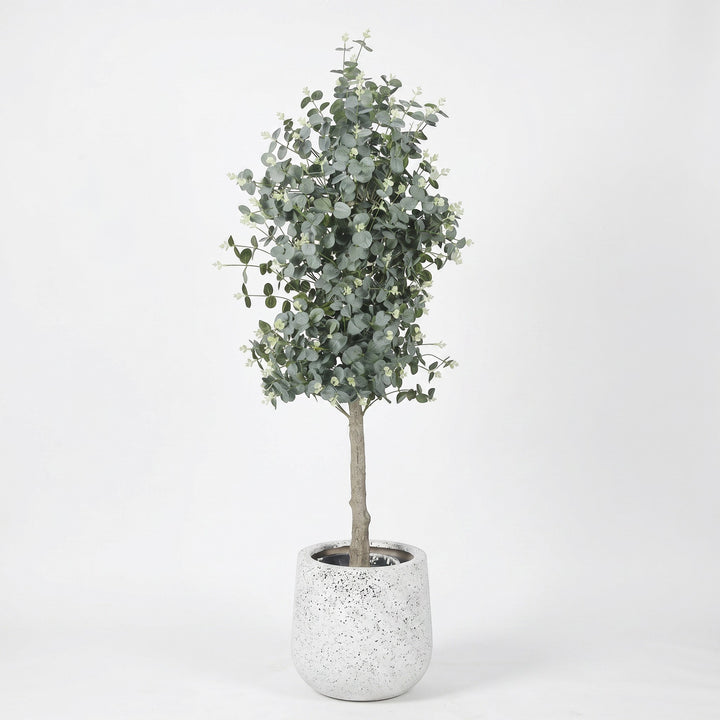 Wadi Home Artificial Eucalyptus Tree with silvery-green leaves and white buds in a textured pot.