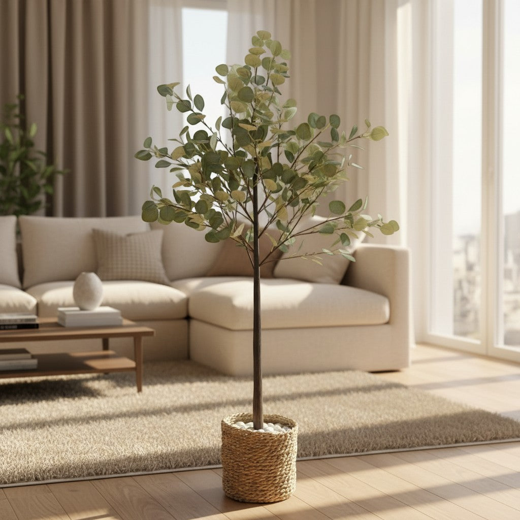 Wadi Home artificial eucalyptus tree with soft-green leaves in a woven basket with white stones in a bright living room