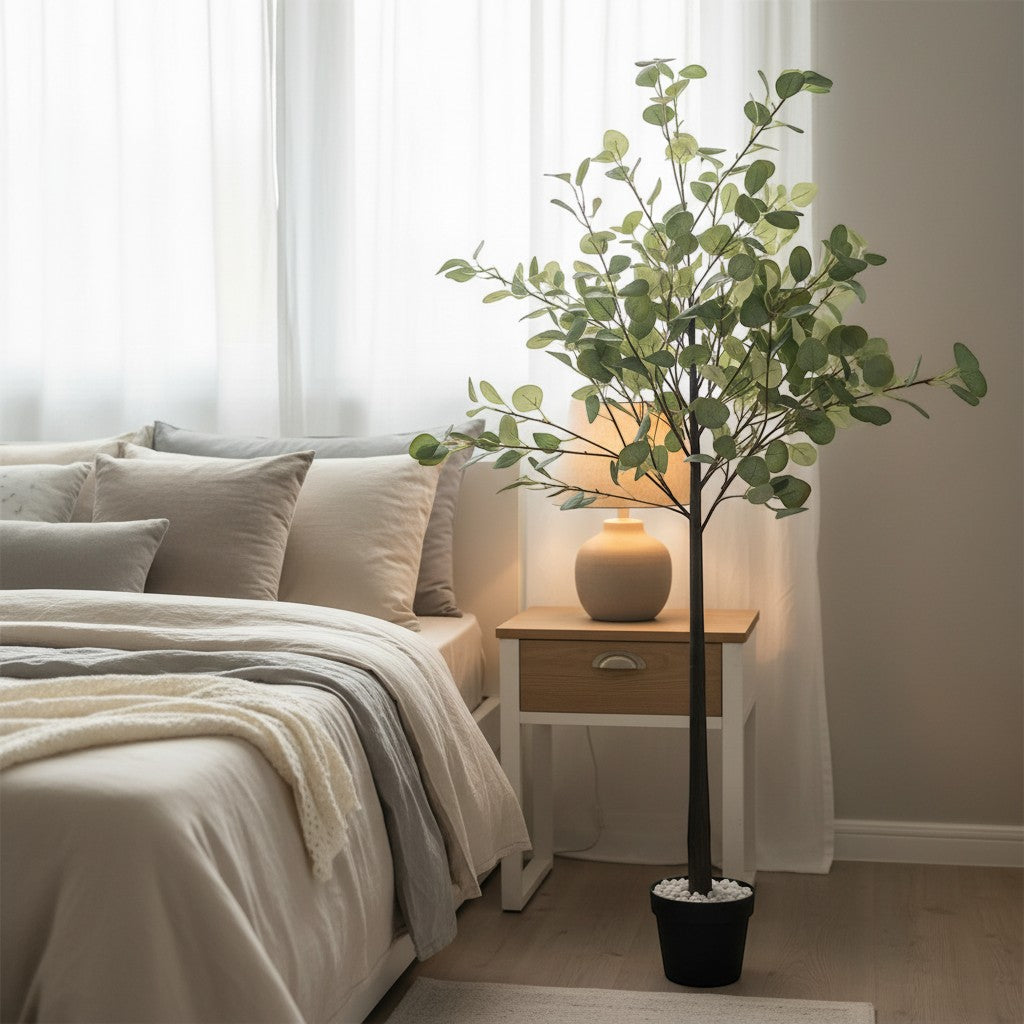 Wadi Home artificial eucalyptus tree with green leaves in a black pot, placed in a cozy, modern bedroom setting.