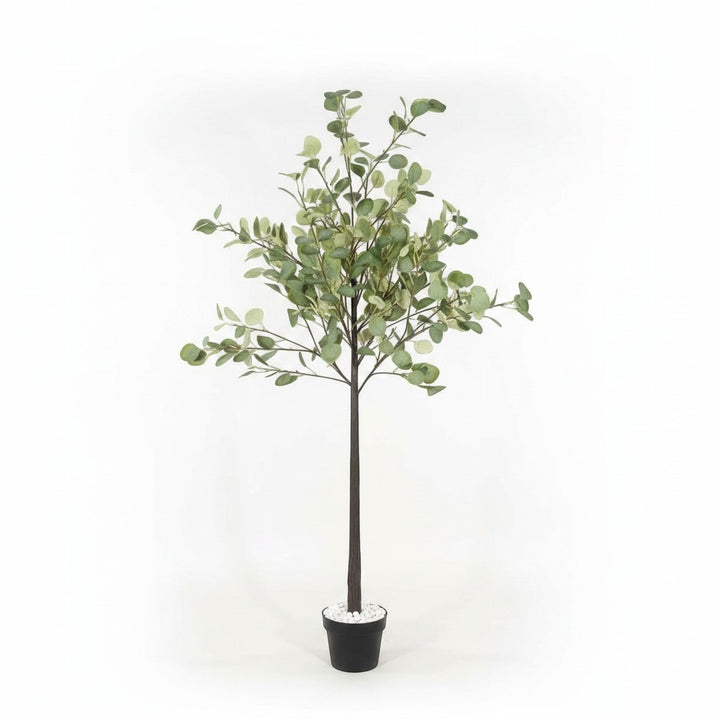 Wadi Home artificial eucalyptus floor plant with realistic green leaves in a black pot on a white background