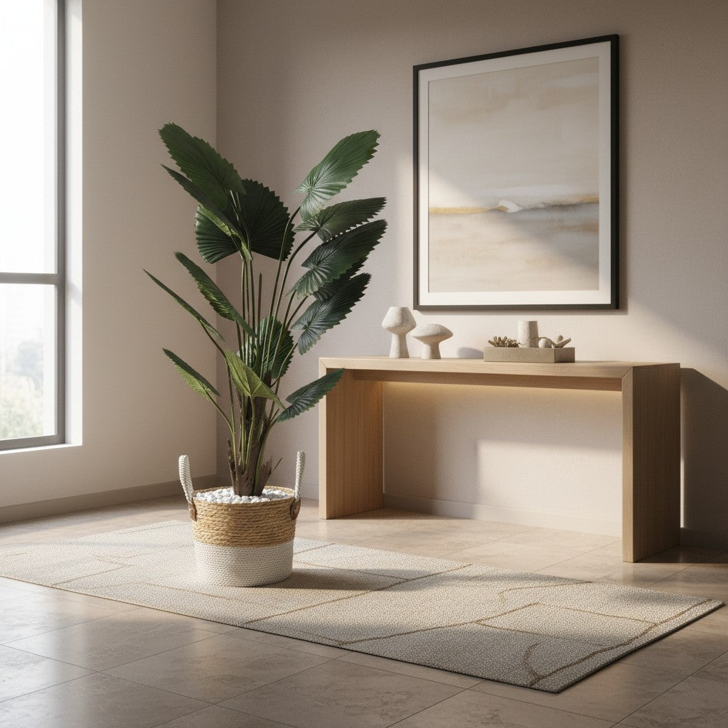 Wadi Home artificial fan palm plant with deep green leaves in a two-toned woven basket with white stones in a room.
