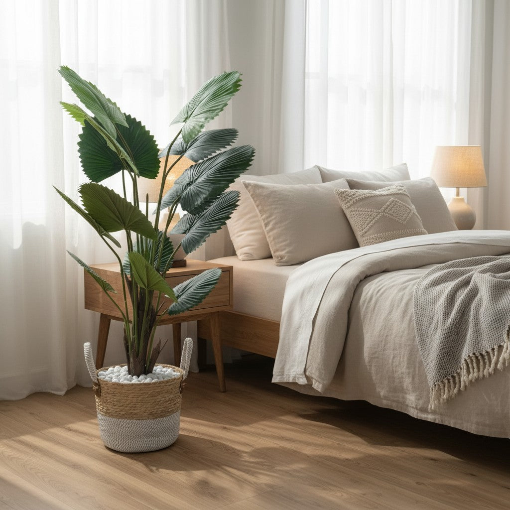 Wadi Home artificial fan palm plant with deep green leaves in a two-toned woven basket, styled in a bright bedroom.